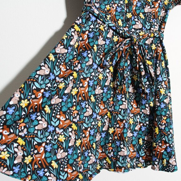 Eva Rose Bambi Floral Fawn Flora Woodland Deer Bunny Rockabilly Mini Shirt Dress - Picture 3 of 9
